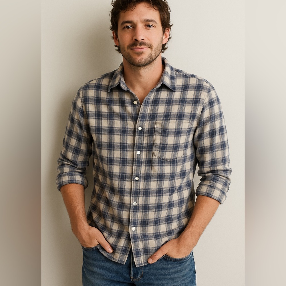 American Eagle Men’s Plaid Flannel Button Down Shirt Blue White XS
